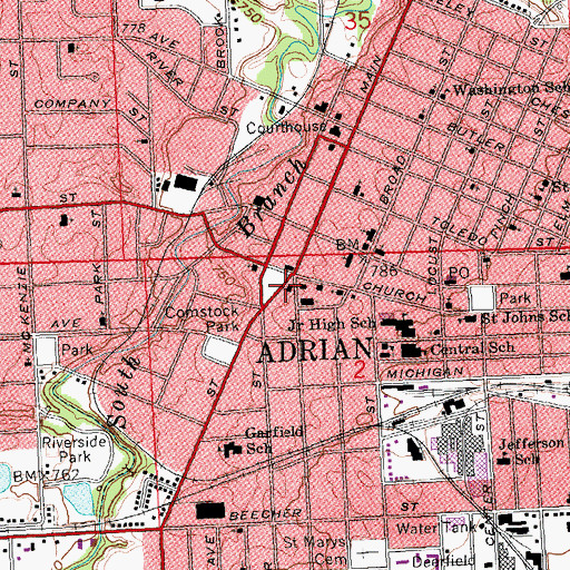 Topographic Map of Adrian City Hall, MI