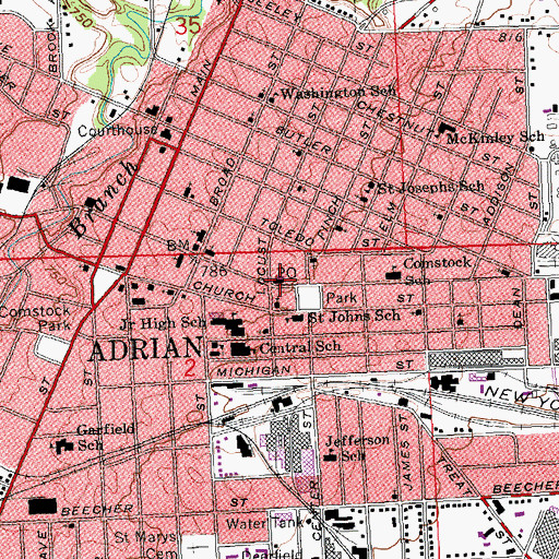 Topographic Map of Adrian Post Office, MI