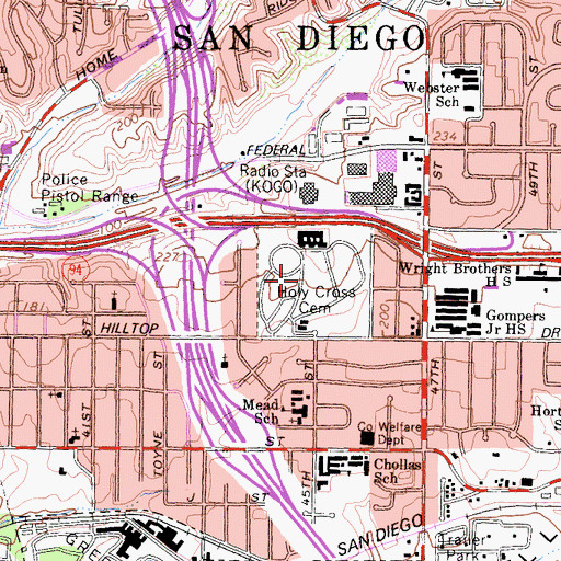 Topographic Map of Holy Cross Cemetery, CA