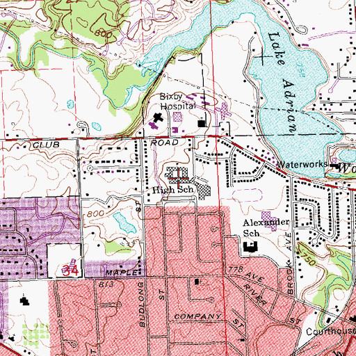 Topographic Map of Adrian High School, MI