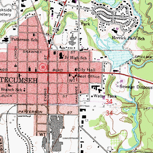 Topographic Map of Tecumseh Post Office, MI