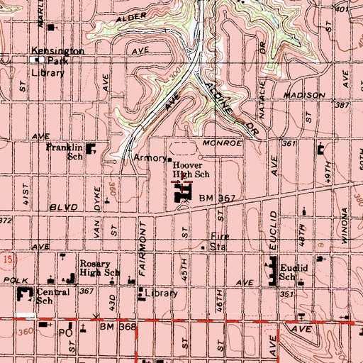 Topographic Map of Hoover Senior High School, CA