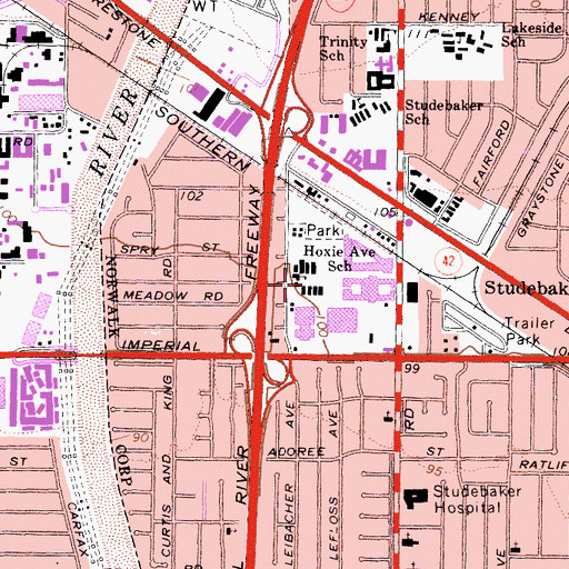 Topographic Map of Hoxie Avenue School, CA
