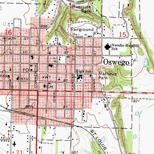 Topographic Map of Oswego Middle School, KS