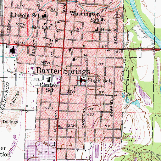 Topographic Map of Baxter Springs Middle School, KS