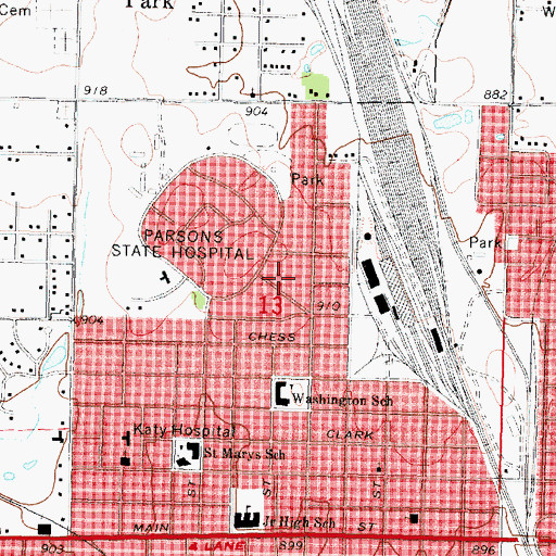 Topographic Map of Parsons State Hospital and Training Center, KS