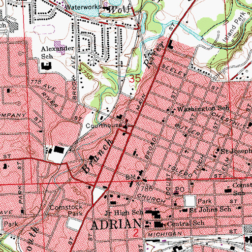 Topographic Map of Lenawee County Courthouse, MI