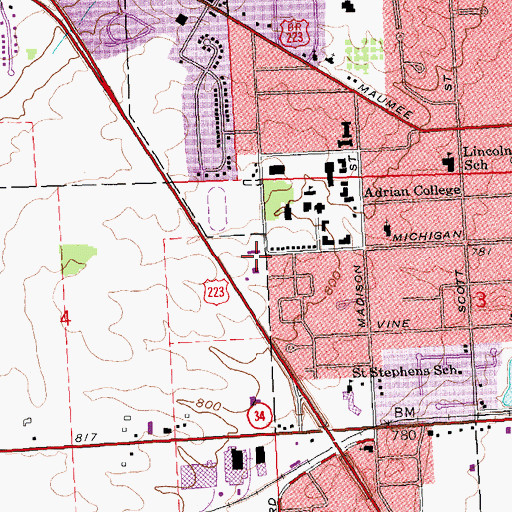 Topographic Map of Pellowe Hall, MI