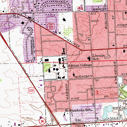 Topographic Map of Downs Hall, MI