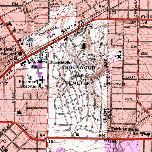 Topographic Map of Inglewood Park Cemetery, CA