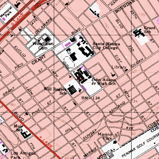 Topographic Map of John Adams Middle School, CA
