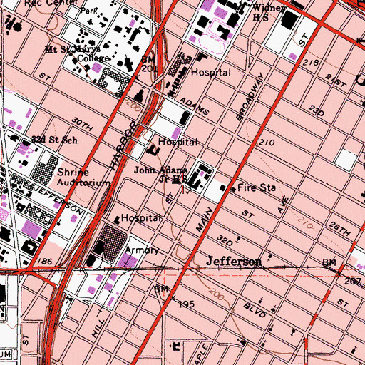 Topographic Map of John Adams Middle School, CA