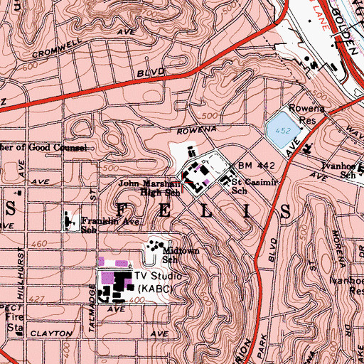 Topographic Map of Marshall Senior High School, CA