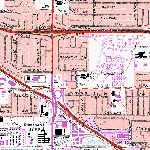 Topographic Map of John Marshall Elementary School, CA