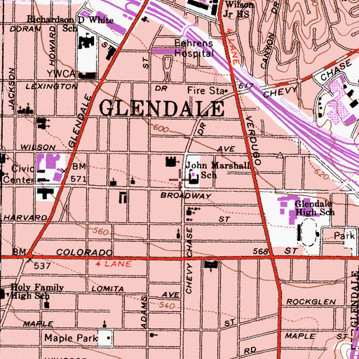Topographic Map of John Marshall Elementary School, CA