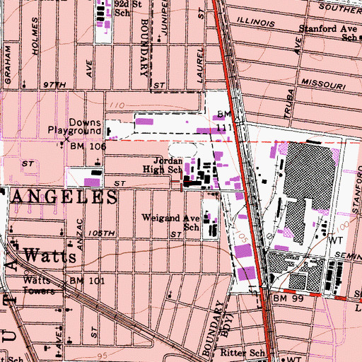 Topographic Map of David Starr Jordan High School, CA