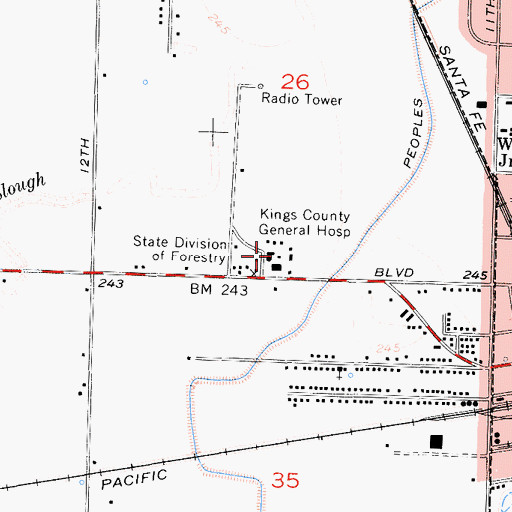 Topographic Map of Kings County General Hospital, CA