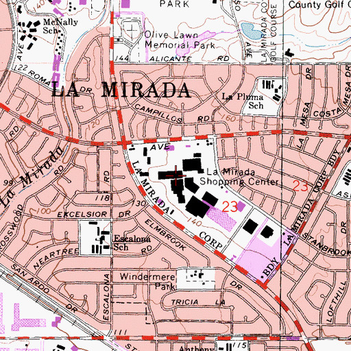 Topographic Map of La Mirada Towne Center Shopping Center, CA
