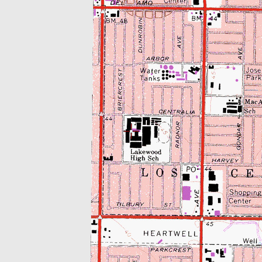 Topographic Map of Lakewood High School, CA