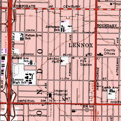 Topographic Map of Lennox Park, CA