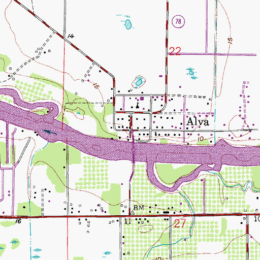Topographic Map of Alva Post Office, FL
