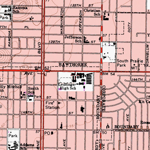 Topographic Map of Leuzinger High School, CA