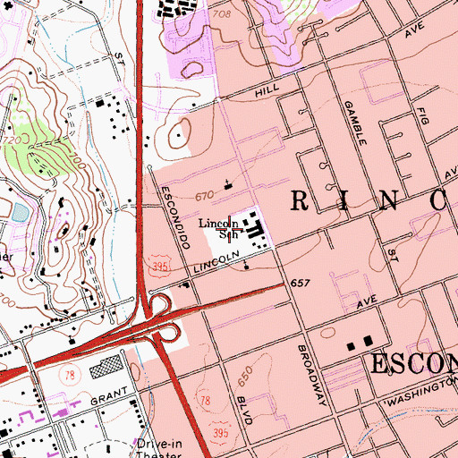 Topographic Map of Lincoln Elementary School, CA