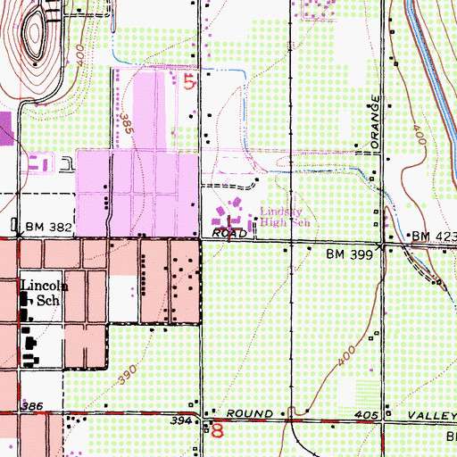 Topographic Map of Lindsay Senior High School, CA