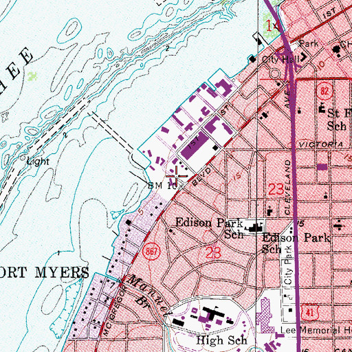 Topographic Map of Edison and Ford Winter Estates, FL