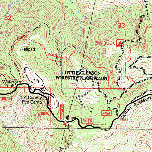 Topographic Map of Little Gleason Forestry Plantation, CA