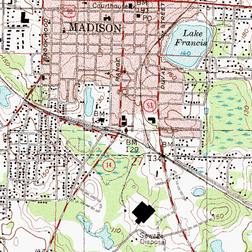 Topographic Map of Madison Amtrak Station, FL