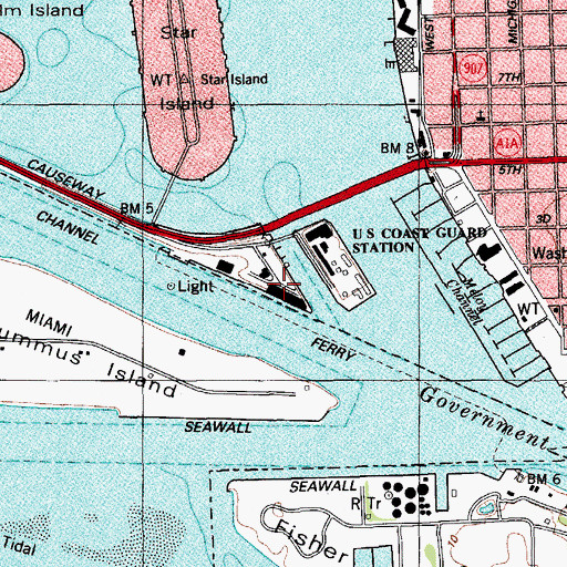 Topographic Map of City of Miami Beach Causeway Island Wharf, FL