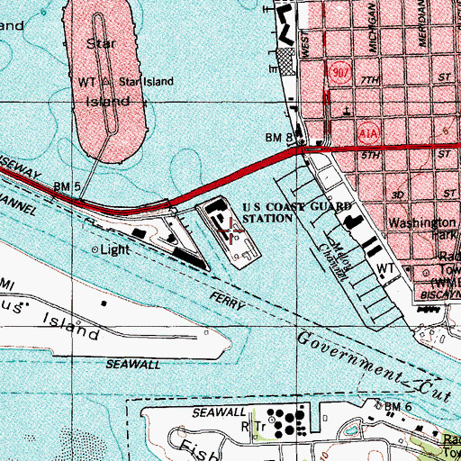 Topographic Map of United States Coast Guard Integrated Support Command Miami Beach Wharves, FL
