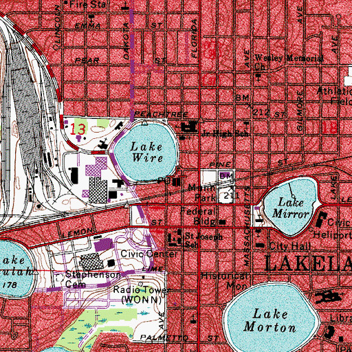 Topographic Map of Downtown Lakeland Post Office, FL