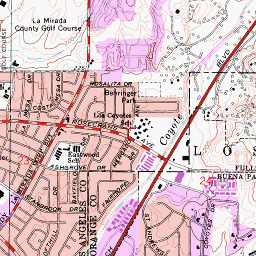 Topographic Map of Los Coyotes Middle School, CA