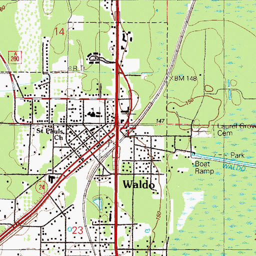 Topographic Map of Waldo Amtrak Station, FL