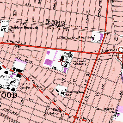 Topographic Map of Lynwood Academy, CA