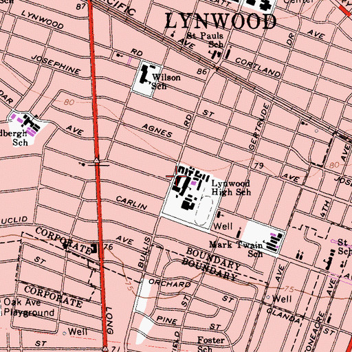 Topographic Map of Lynwood High School, CA