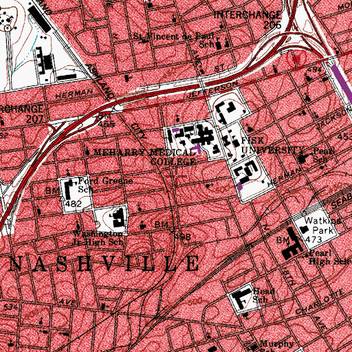 Topographic Map of Meharry Student-Faculty Towers, TN