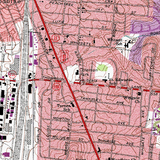 Topographic Map of Thompson Lane Branch Nashville Public Library, TN