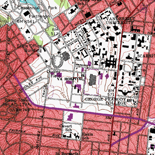 Topographic Map of Twenty Fifth Avenue Staff Parking Garage, TN
