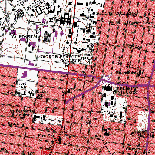 Topographic Map of Hillsboro Village Shopping Center, TN