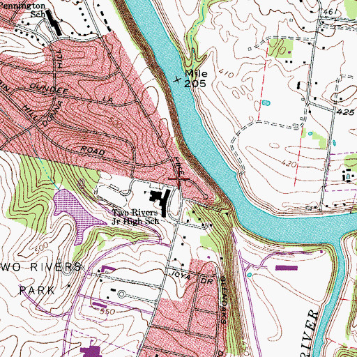 Topographic Map of Two Rivers Middle School, TN