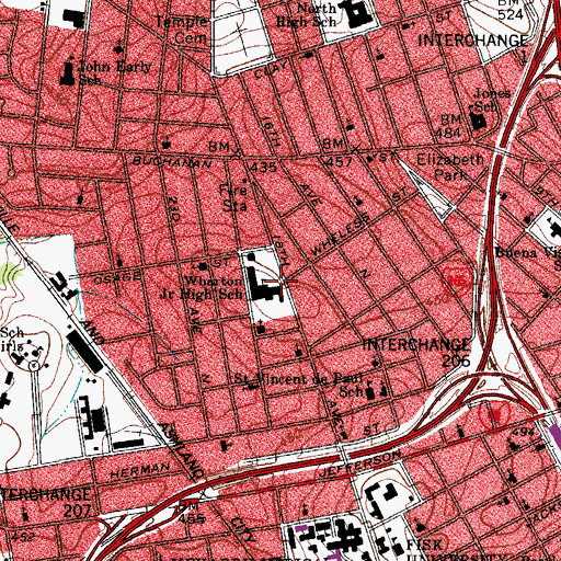 Topographic Map of Wharton Middle Arts Magnet School, TN