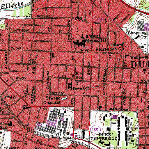 Topographic Map of Durham Fire Department Station 2, NC