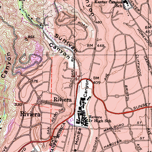 Topographic Map of Mandeville Canyon, CA