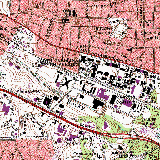 Topographic Map of Pullen Hall, NC