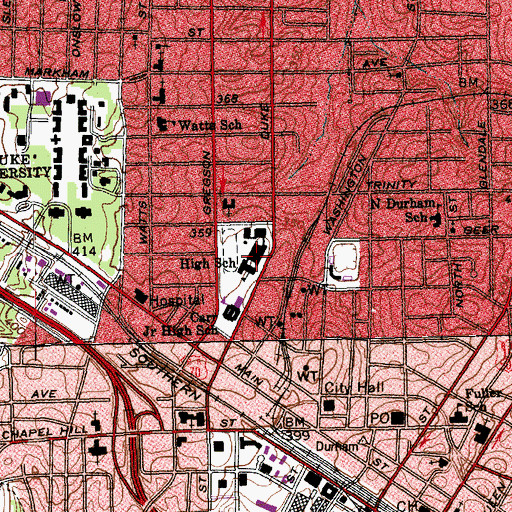 Topographic Map of Durham School of the Arts School, NC