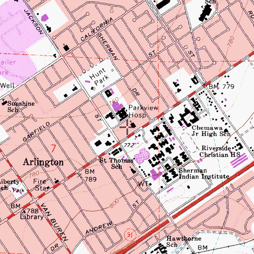 Topographic Map of Riverside Baptist Church, CA