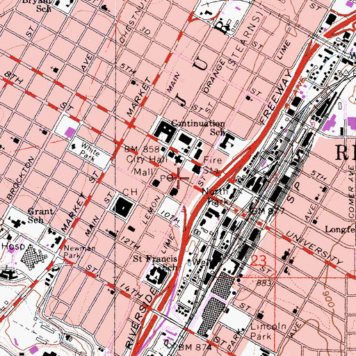 Topographic Map of Riverside Fire Department Station 1 Downtown, CA